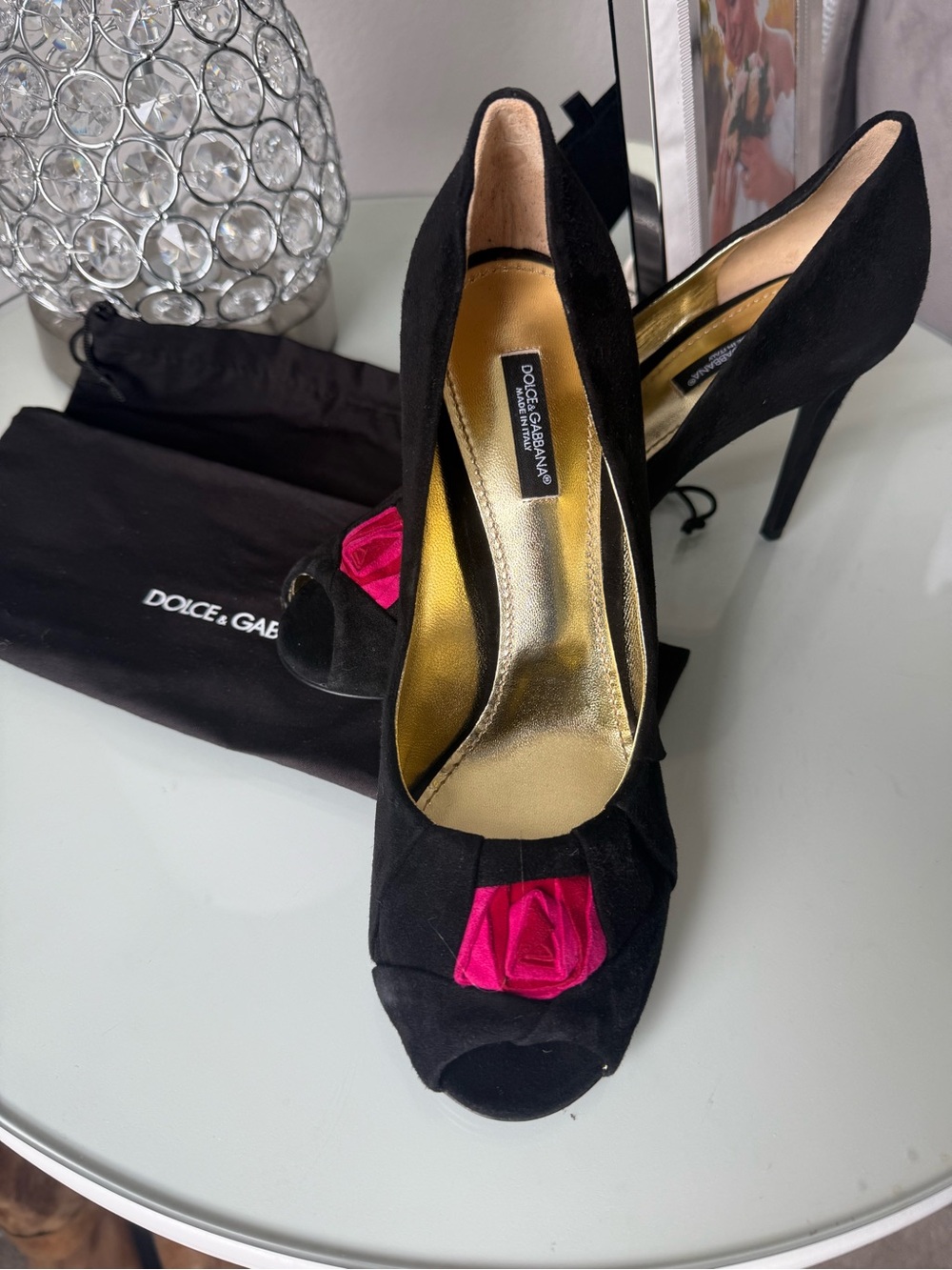Dolce & Gabbana Black Suede Peep-Toe Heels with Pink Accent